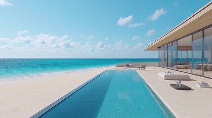 Obraz premium A tranquil beachside cabin overlooking the turquoise Caribbean sea under a bright blue sky, perfect for relaxation and escape