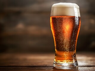 Freshly Poured Golden Beer in Frosted Glass on Wooden Table