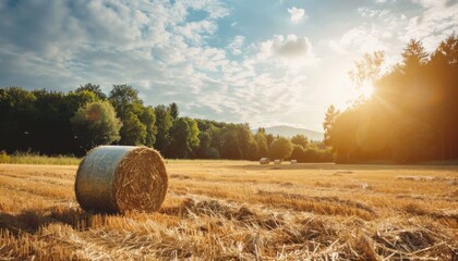Golden hay bales in a sunlit field at sunset near a forested area