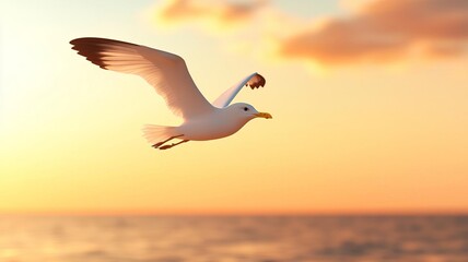 A seagull gracefully flying over the shimmering sea at sunset, capturing the essence of freedom and tranquility in nature.