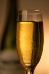 Vertical shot of a close-up champagne glass with frosty champagne, a green bottle blurred in the right background. The gold gradient backdrop sets a festive tone for New Year's and holiday events.