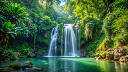 Serene jungle waterfall with cascading water among lush greenery, nature, waterfall, jungle, serene, peaceful, scenic