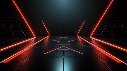 Futuristic dark background with red neon lights and geometric shapes.
