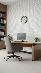 A serene home office features a wooden desk, a laptop, bookshelves filled with books, and green plants, all illuminated by soft natural light