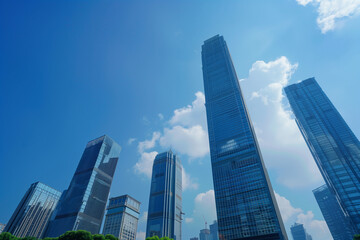 Fototapeta premium Skyscrapers Viewed from Below with Blue Sky and White Clouds