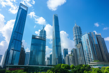 Naklejka premium Skyscrapers Viewed from Below with Blue Sky and White Clouds
