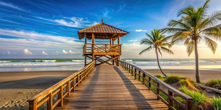 Panama's Las Lajas beach boasts a picturesque walkway leading to the old wooden baywatch station, Panama, Las Lajas