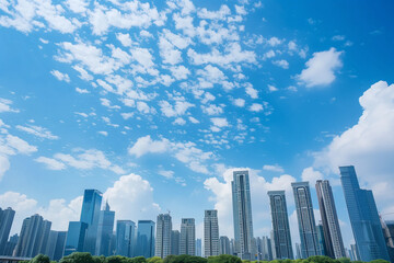 Fototapeta premium Skyscrapers Viewed from Below with Blue Sky and White Clouds