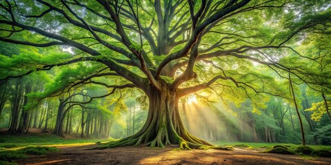 Majestic tree standing tall in the serene forest setting, nature, woodland, greenery, environment, peaceful, trees