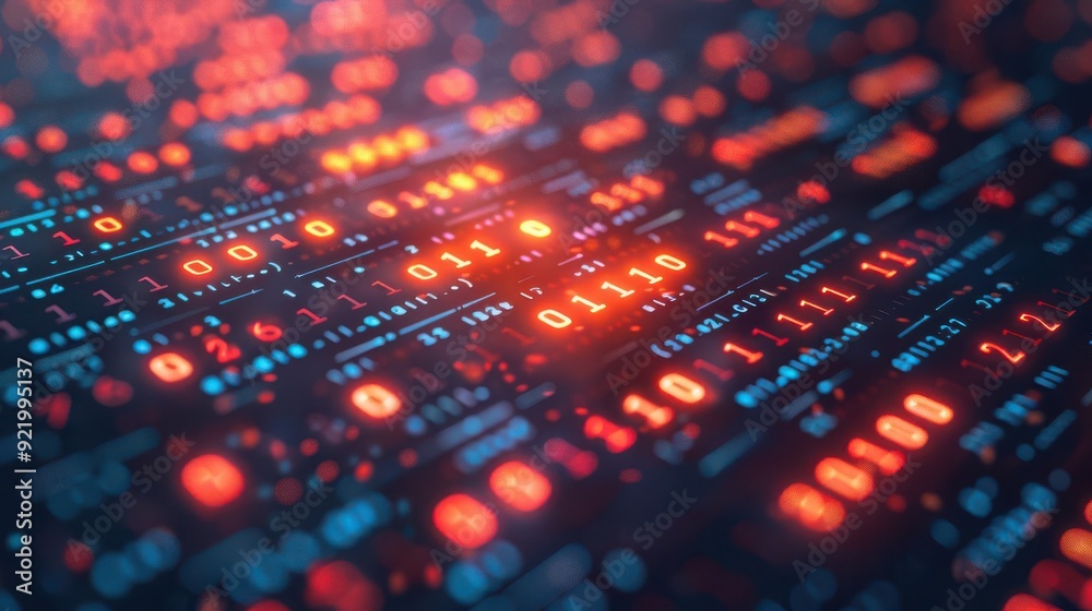 Poster shining binary sequences in a high-tech communication system, binary illuminated digital technology