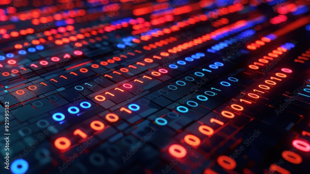 Poster binary communication lines glowing in a digital system, luminous digital interaction code
