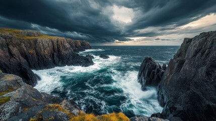Obraz premium Dramatic ocean waves crashing on rocky coastline under stormy sky