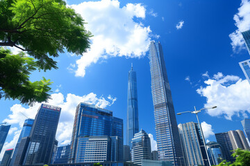 Fototapeta premium Skyscrapers Viewed from Below with Blue Sky and White Clouds