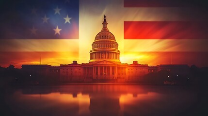 Obraz premium Flag of Unity (close up, focus on, copy space), with rich color saturation, Double exposure silhouette with Capitol building