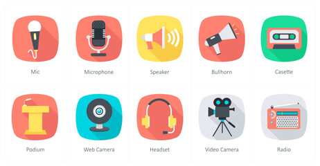 A set of 10 Communication icons as mic, microphone, speaker
