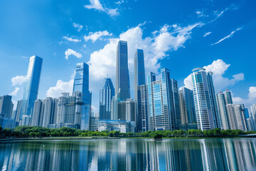 Fototapeta premium Skyscrapers Viewed from Below with Blue Sky and White Clouds