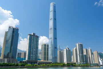 Fototapeta premium Skyscrapers Viewed from Below with Blue Sky and White Clouds