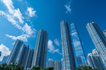 Obraz premium Skyscrapers Viewed from Below with Blue Sky and White Clouds