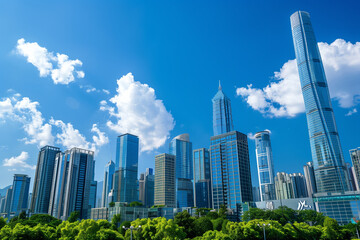 Obraz premium Skyscrapers Viewed from Below with Blue Sky and White Clouds