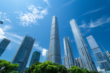 Naklejka premium Skyscrapers Viewed from Below with Blue Sky and White Clouds