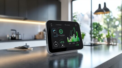 Modern Smart Home Hub Monitoring Energy, Device Status, and Security in Stylish Kitchen Setting