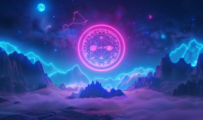 Neon neon landscape with stars, nebulae, the month, moon, mountains, and fog. 3D illustration featuring silhouettes, horoscopes, and zodiac signs