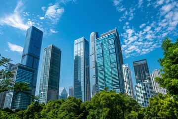 Skyscrapers Viewed from Below with Blue Sky and White Clouds