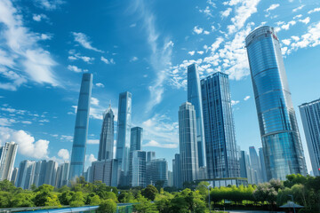 Naklejka premium Skyscrapers Viewed from Below with Blue Sky and White Clouds
