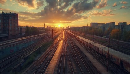 Sunset over train tracks with city skyline in the background