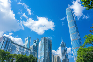 Obraz premium Skyscrapers Viewed from Below with Blue Sky and White Clouds