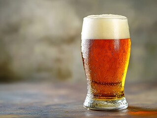 Freshly Poured Chilled Amber Beer with Foamy Head in Transparent Glass on Wooden Surface