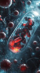 Red pills falling from capsule surrounded by virus cells