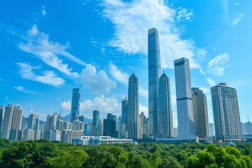 Obraz premium Skyscrapers Viewed from Below with Blue Sky and White Clouds