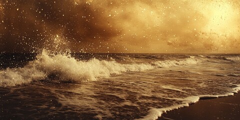 Golden Sunset Over a Tranquil Sea with Waves Breaking on the Shore