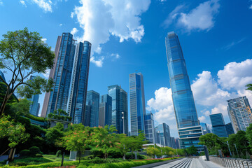 Fototapeta premium Skyscrapers Viewed from Below with Blue Sky and White Clouds