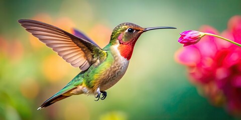 Fototapeta premium Close-up of a vibrant hummingbird hovering near a heart-shaped flower , hummingbird, heart, animal, wildlife, nature, beauty
