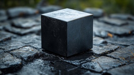Black cube standing on wet stone surface outdoors