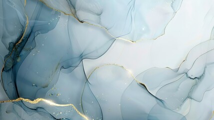 Fototapeta premium Abstract fluid art featuring soft blue tones and golden accents.