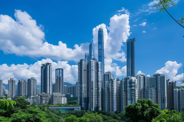 Fototapeta premium Skyscrapers Viewed from Below with Blue Sky and White Clouds