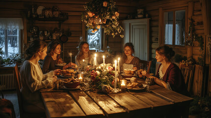 In an antique living room filled with the atmosphere of the past, five women are comfortably seated in antique armchairs around a fireplace with burning candles.  