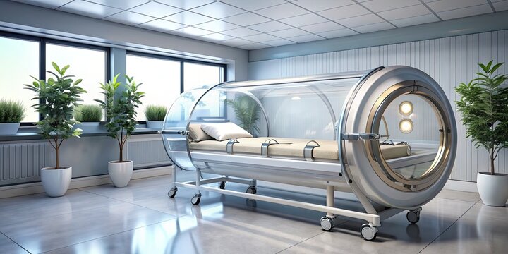 A transparent hyperbaric oxygen chamber inhabits a serene medical setting, equipped with soft padding, clear acrylic walls, and a calm ambient atmosphere for relaxation.