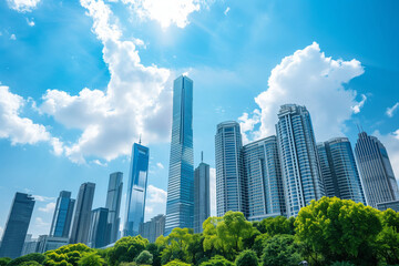 Fototapeta premium Skyscrapers Viewed from Below with Blue Sky and White Clouds