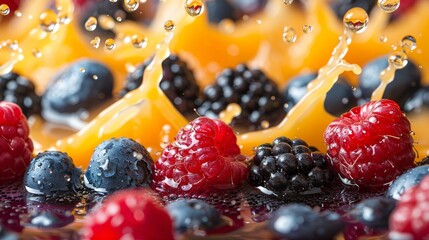 Fresh berries splashing in orange juice during a vibrant summer day