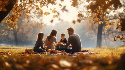 A family enjoying a warm autumn picnic under a tree with golden leaves.