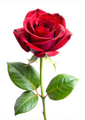 Beautiful red rose flower on stem with leaves isolated on white background