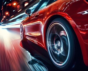Red sports car driving fast on the road