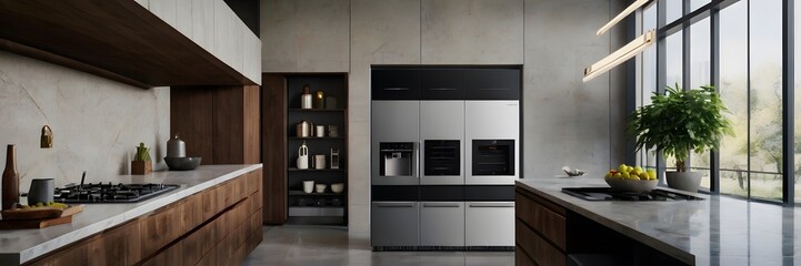 Futuristic household appliances with integrated AI features for enhanced functionality and control.