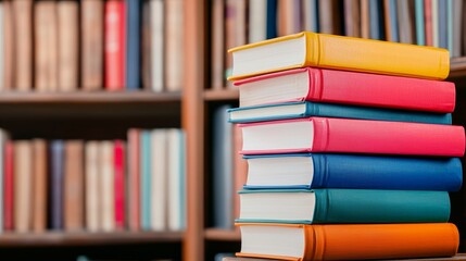 Fototapeta premium Vibrant stack of colorful books displayed on a vintage bookshelf, adding charm to a decorative library space