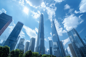 Fototapeta premium Skyscrapers Viewed from Below with Blue Sky and White Clouds