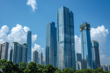 Skyscrapers Viewed from Below with Blue Sky and White Clouds